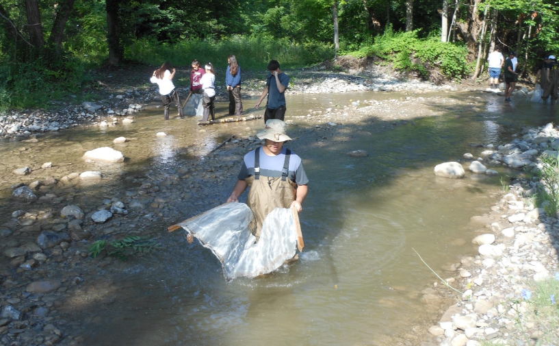 A group of researchers standing in a creek with water monitoring equipment