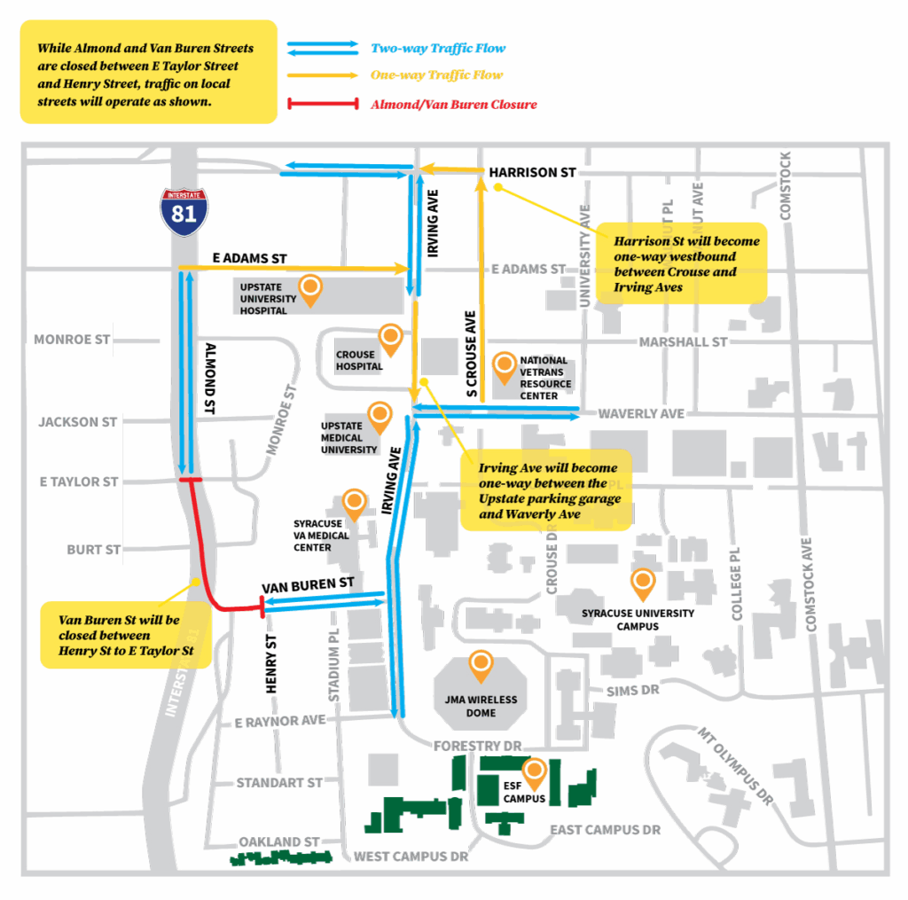 Detour map of traffic re-routing around SUNY ESF campus in Syracuse NY